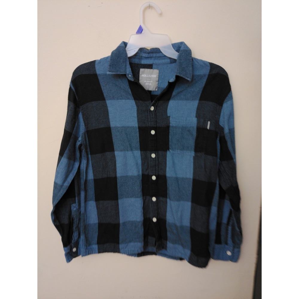 Hollister Flannel Shirt Mens Medium Blue Black Plaid Button Up Relaxed Fit